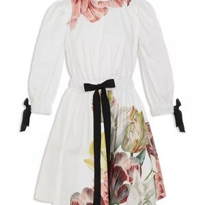 Ted Baker White Dress with Floral Design and Black Bow
